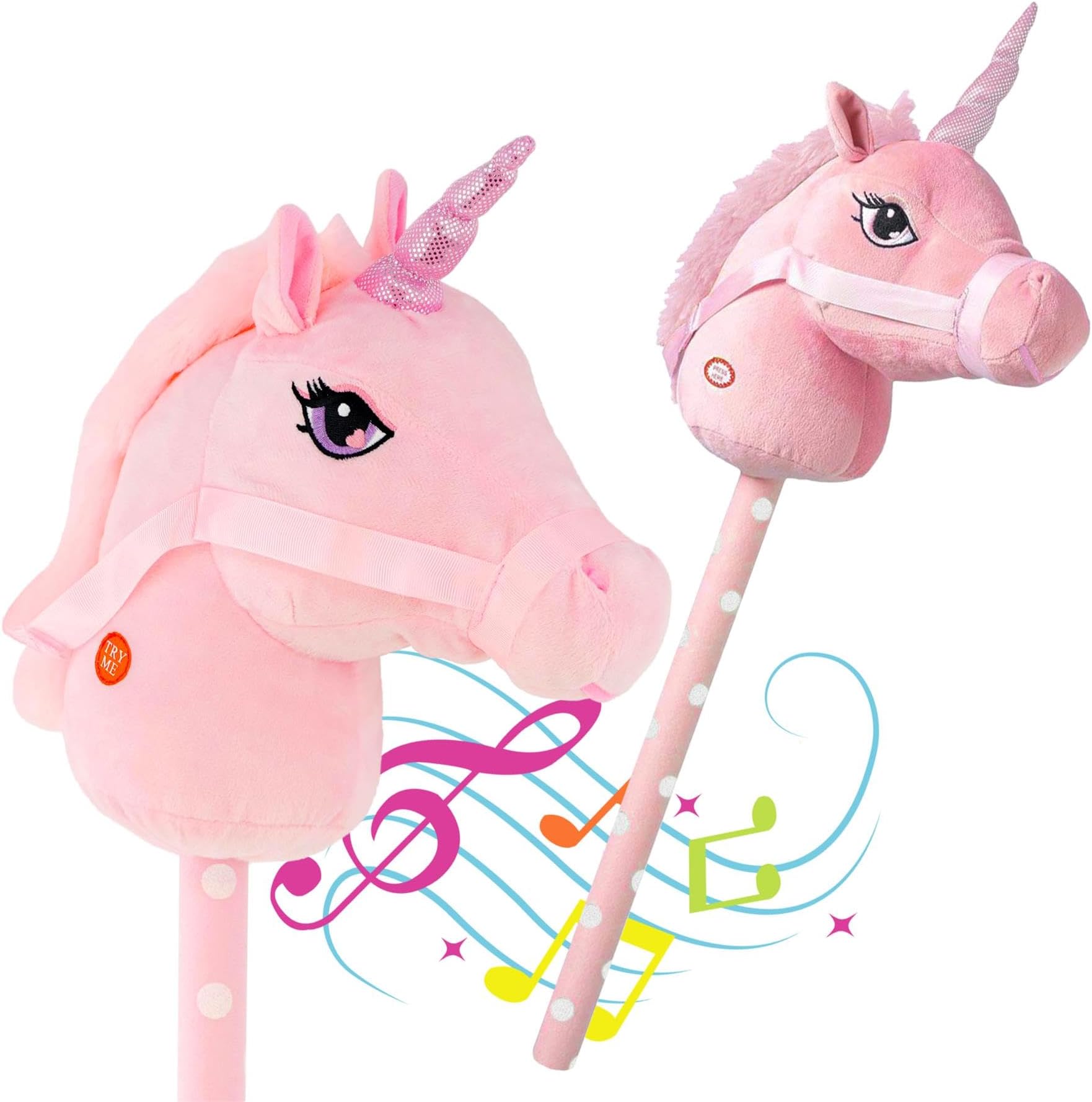 The Magic Toy Shop Pink Unicorn Hobby Horse on a Stick with Galloping and Neighing Sounds for Kids - Soft Handle, Holding Strap, Ride on Unicorn Plush Soft Toy for Girls and Boys