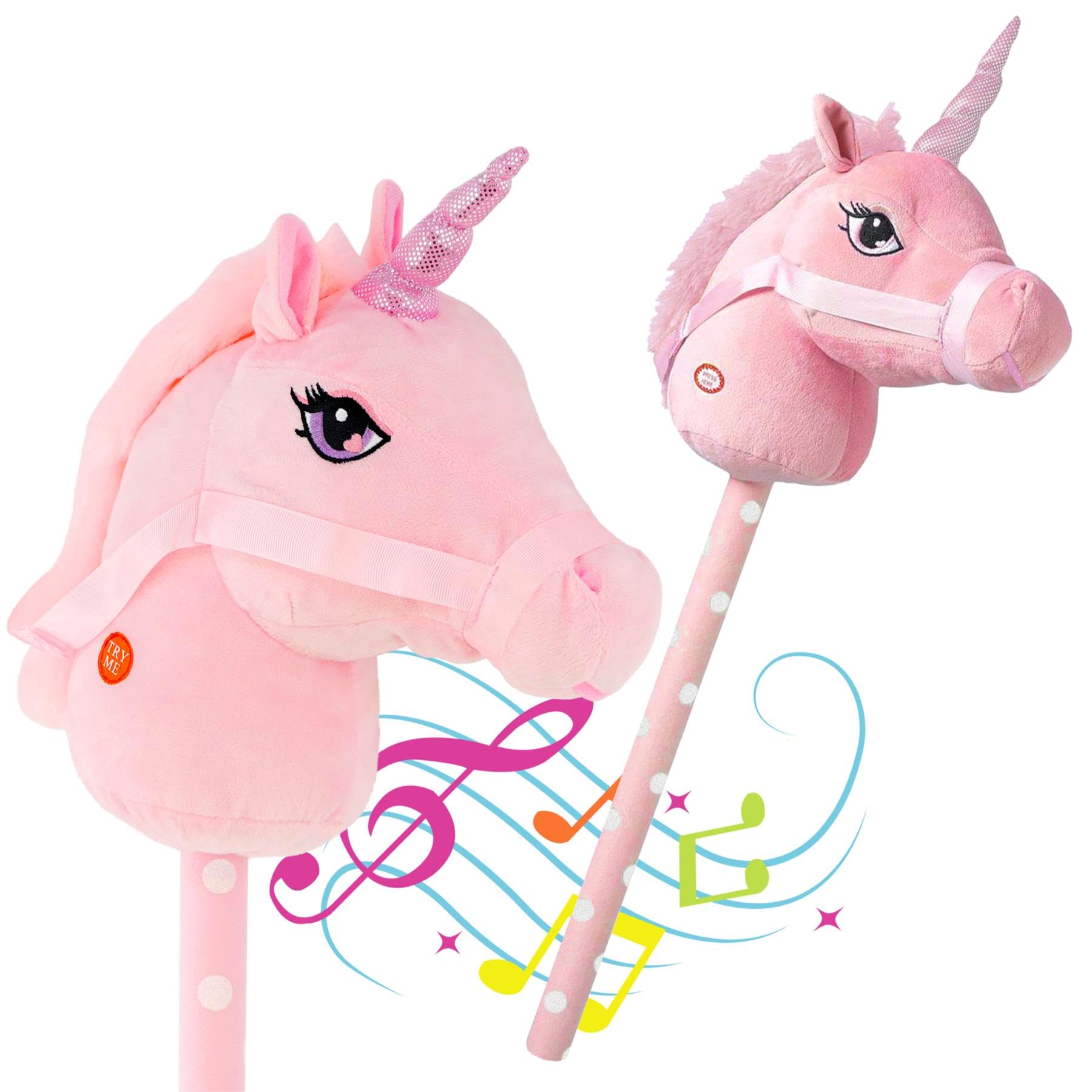 The Magic Toy Shop Pink Unicorn Hobby Horse on a Stick with Galloping and Neighing Sounds for Kids - Soft Handle, Holding Strap, Ride on Unicorn Plush Soft Toy for Girls and Boys