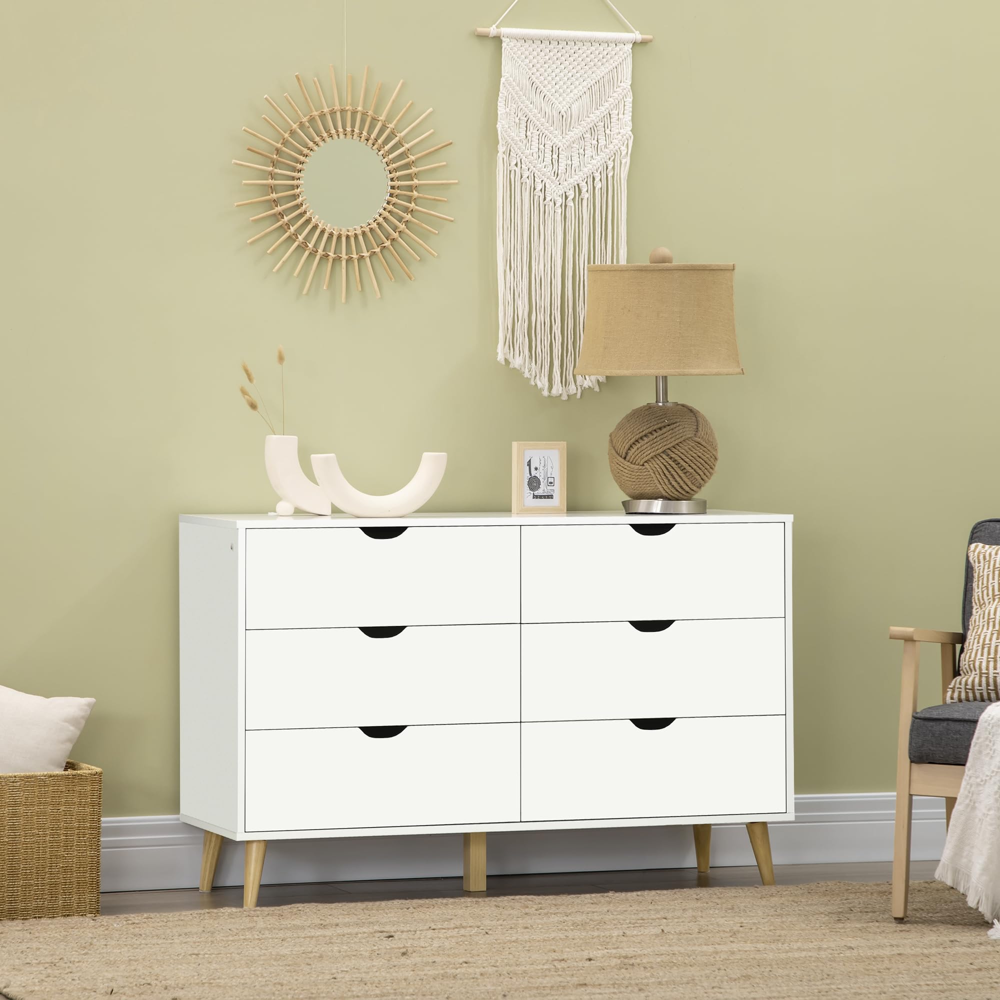 HOMCOM Commode 6 tiroirs Armoire avec tiroirs Meuble de Rangement Pieds en Bois Massif Style Moderne 120 x 40 x 76 cm Blanc
