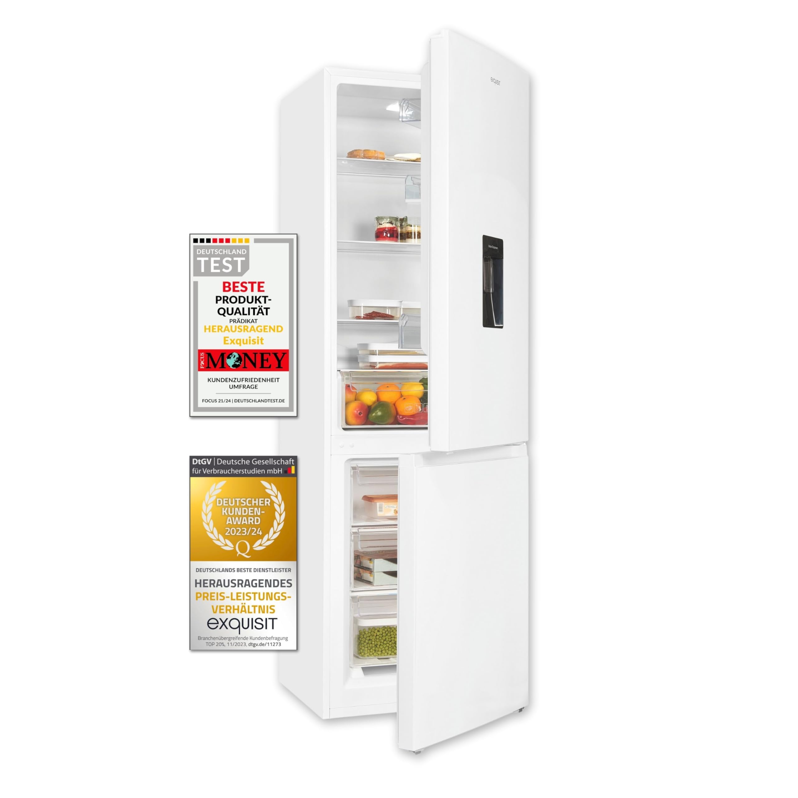 Exquisit Kühlgefrierkombination KGC320-95-E-WS-040C Weiss - 313 l, Freistehend mit Wasserspender, Energieklasse C, 185,8 cm, 4 Sterne Gefrieren