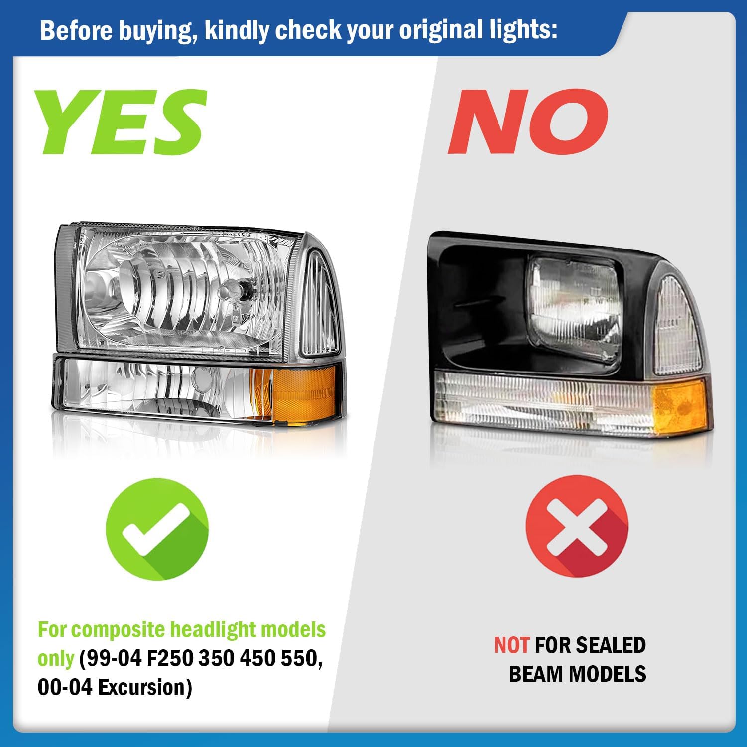 Headlight Assembly W/Bulbs for 1999-2004 Ford Super Duty F250 F350 F450 F550,00-04 Ford Excursion Headlamp Replacement with Bumper Signal Corner Light (NOT FOR SEALED BEAM MODELS) Pair Set Chrome | With High & Low Beam Bulbs OE Replacement