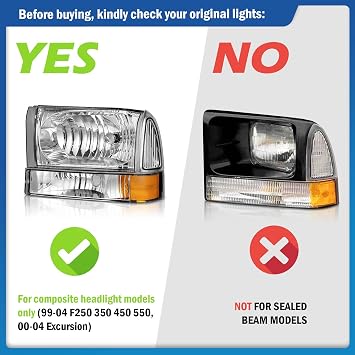 Headlight Assembly W/Bulbs for 1999-2004 Ford Super Duty F250 F350 F450 F550,00-04 Ford Excursion Headlamp Replacement with Bumper Signal Corner Light Halogen Models Only Pair Set