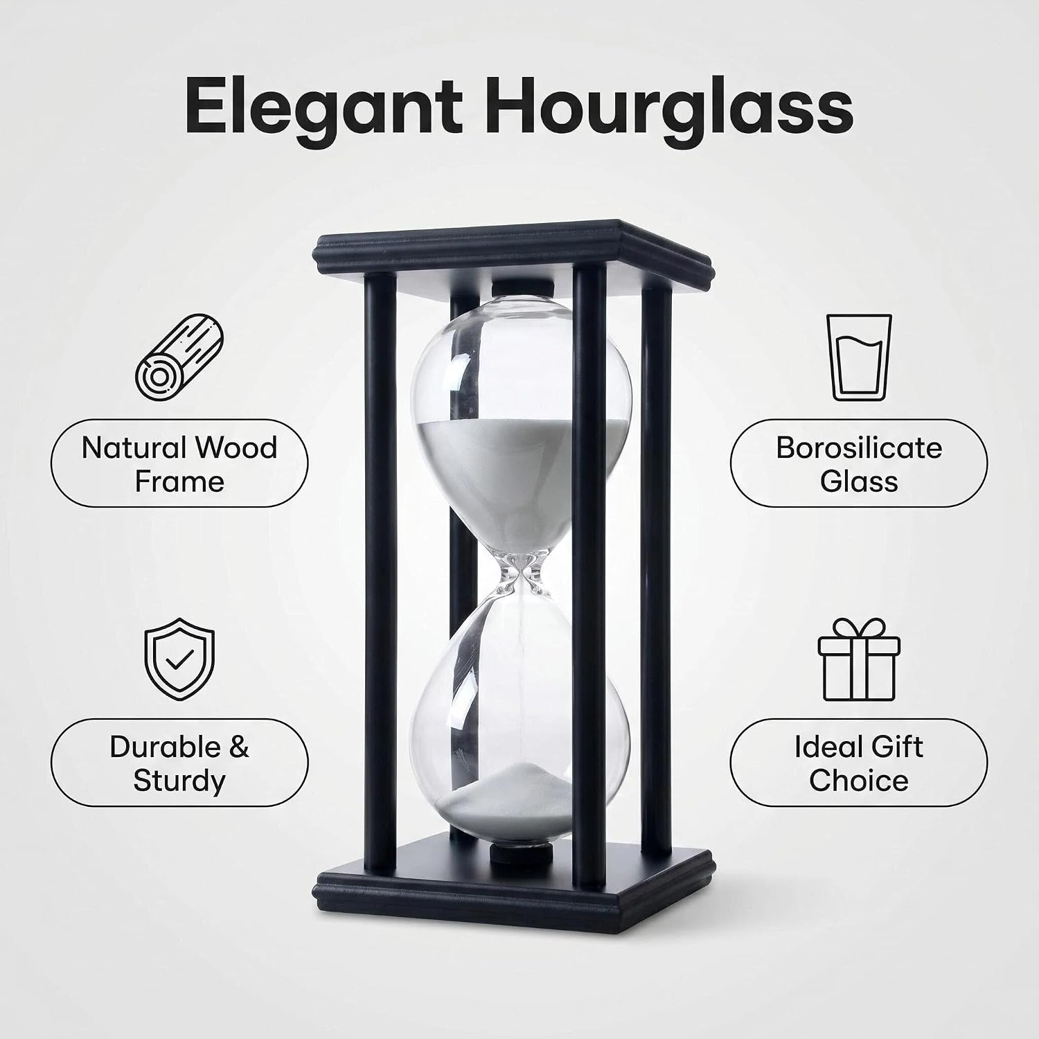 Hour Glasses with Sand 60 Minutes, Hourglass Sand Timer Decoration for Kids, 1 Hour Sand Clock Watch for Room Birthday Tea Coffee Table Book Shelf School Game Ornament Wooden (White Sand)