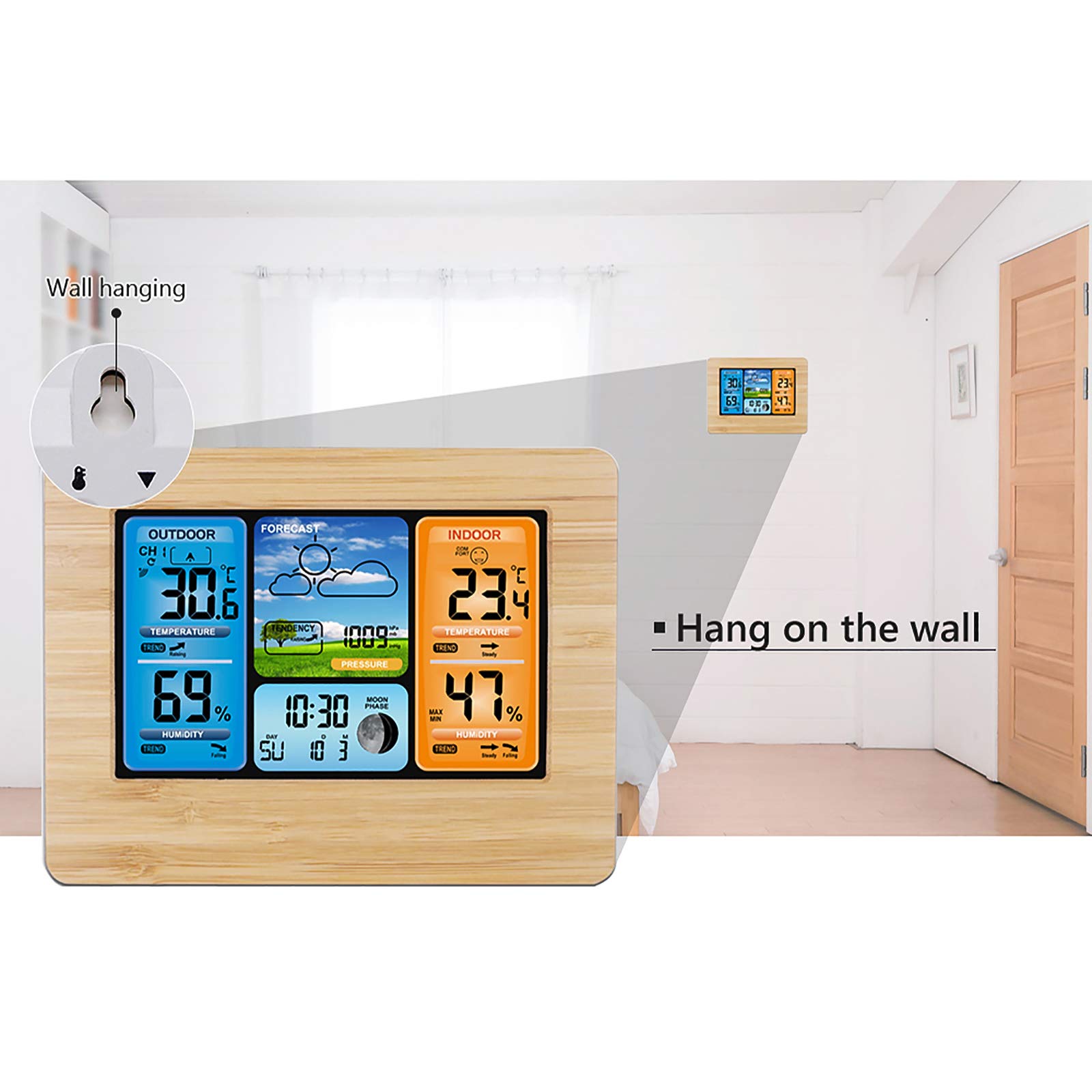 Stazione Meteo con Sensore Esterno, Stazione Meteo Digitale con iInterno Esterno Previsioni Meteo Temperatura e Umidità Dell'aria, Adattatore AC, LCD Display a Colori, Uso Interno ed Esterno (Giallo)