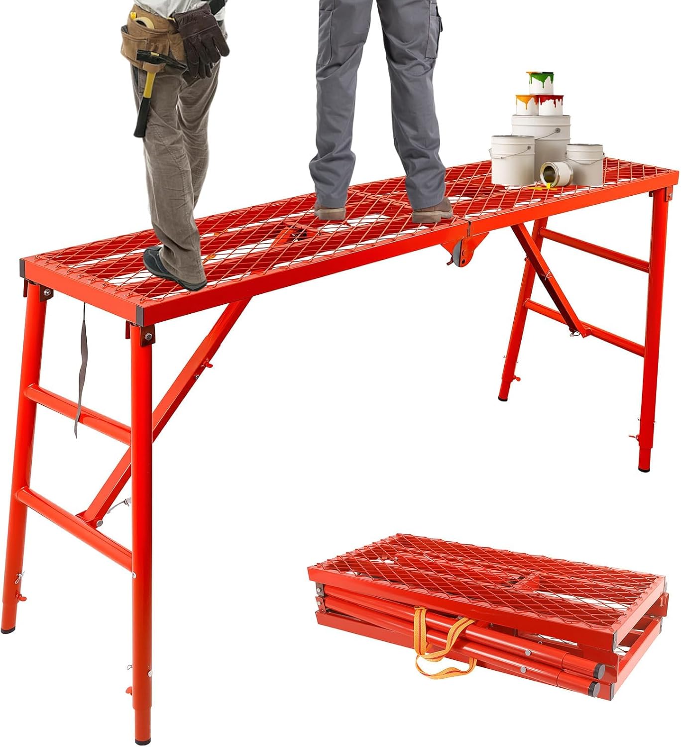 Foldable Scaffolding Platform, 69x20.8x33.8-52.7 Inch Welded Steel Work Platform,1000 Lbs Capacity, Adjustable Height Industrial Step Ladders, Ideal for Construction Sites and Renovations, Red