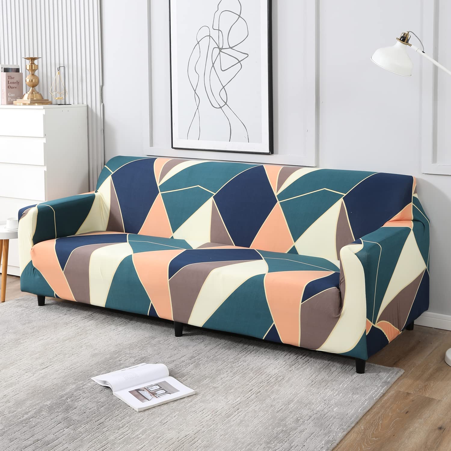 HOKIPO Sofa Cover 4 Seater Fully Covered, Green Peach Abstract