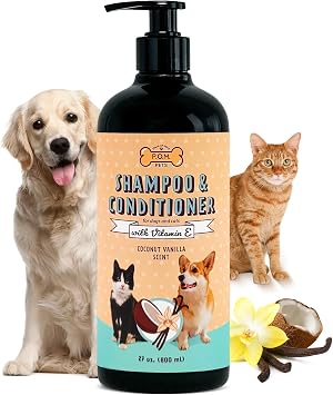 POM Pets 2-in-1 Organic Dog Shampoo & Conditioner Itchy Skin Relief, Dog Deshedding, Detangles Fur, Cat Shampoo, Paw Cleaner for Dogs, Natural Coat Defense Formula