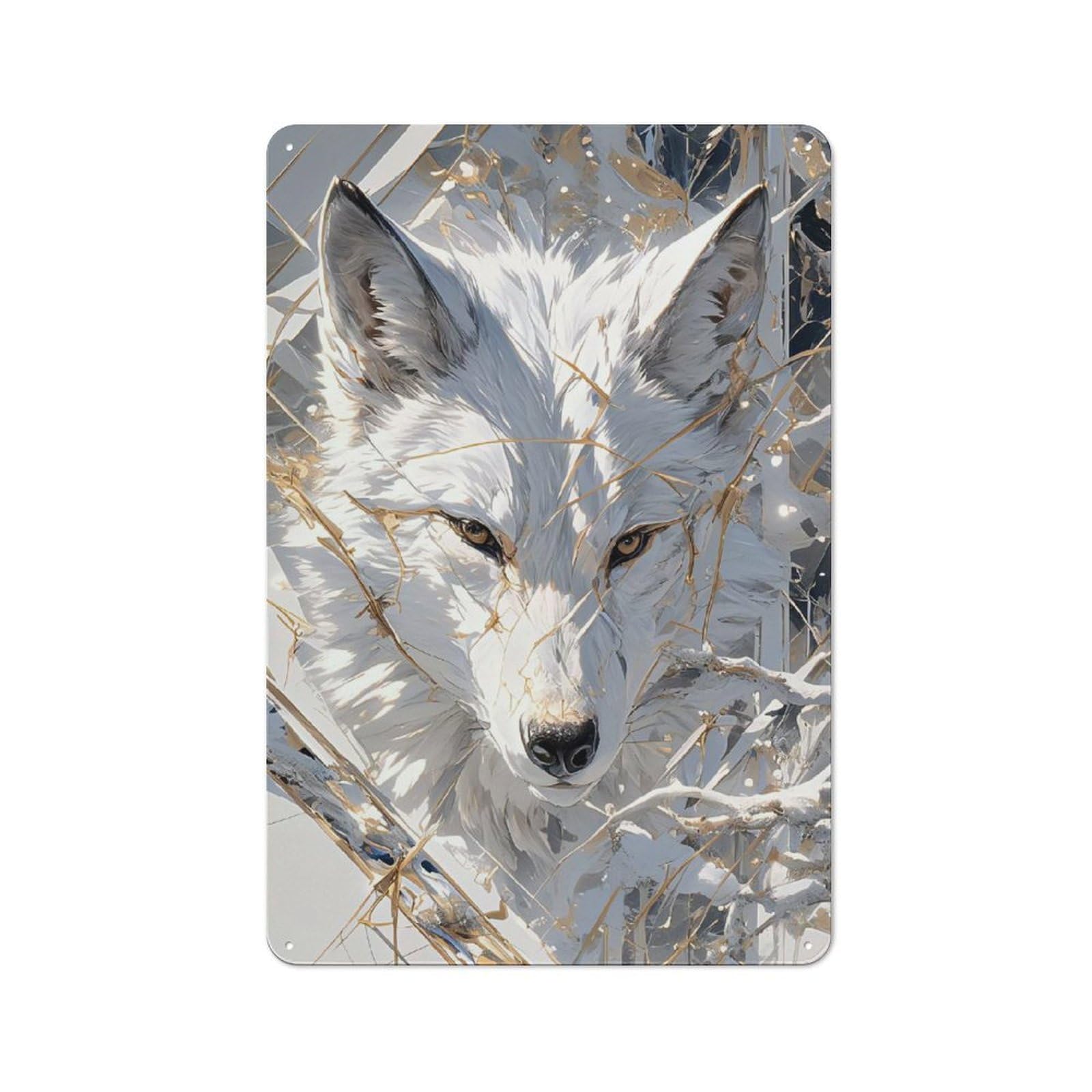 Junmoney Style-3 Rustic Tin Sign 30X20cm Featuring White Wolf Portrait With Gold Accents For Garage Or Workshop, For Garage, Workshop And Man Cave Decoration