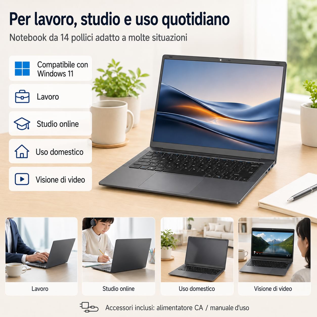 2026 PC Portatile 14 Pollici 2K IPS (2160×1440), m3-8100Y fino a 3.4GHz/16GB+512GB SSD, Windows 11/USB 3.0/Ultra-Sottile, con Copritastiera Italiana (Grigio)