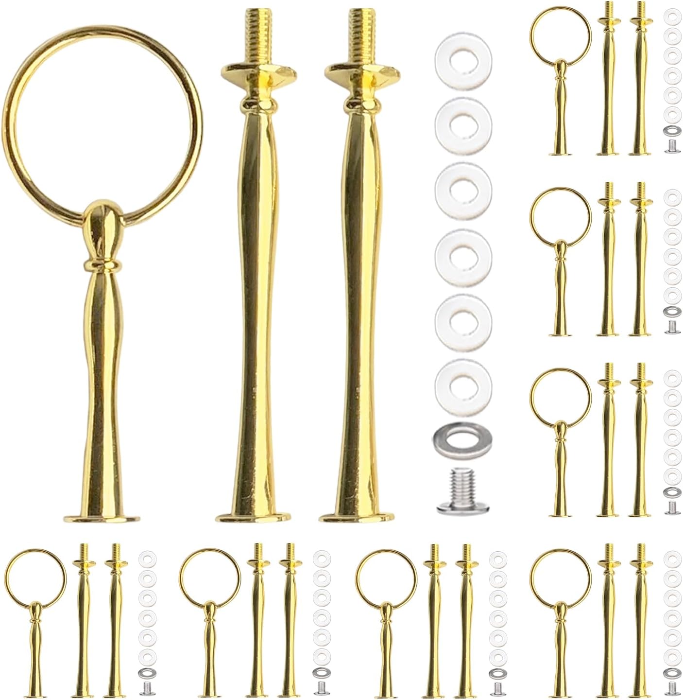 8 Sets 13.5’’ 3-Tier Cake Tray Stand Handle, Multi-Tier Metal Dessert Fruit Center Rod Heavy Duty Hardware Holder for Wedding Party Birthday Cupcake Platter Stand Fittings - Gold Round