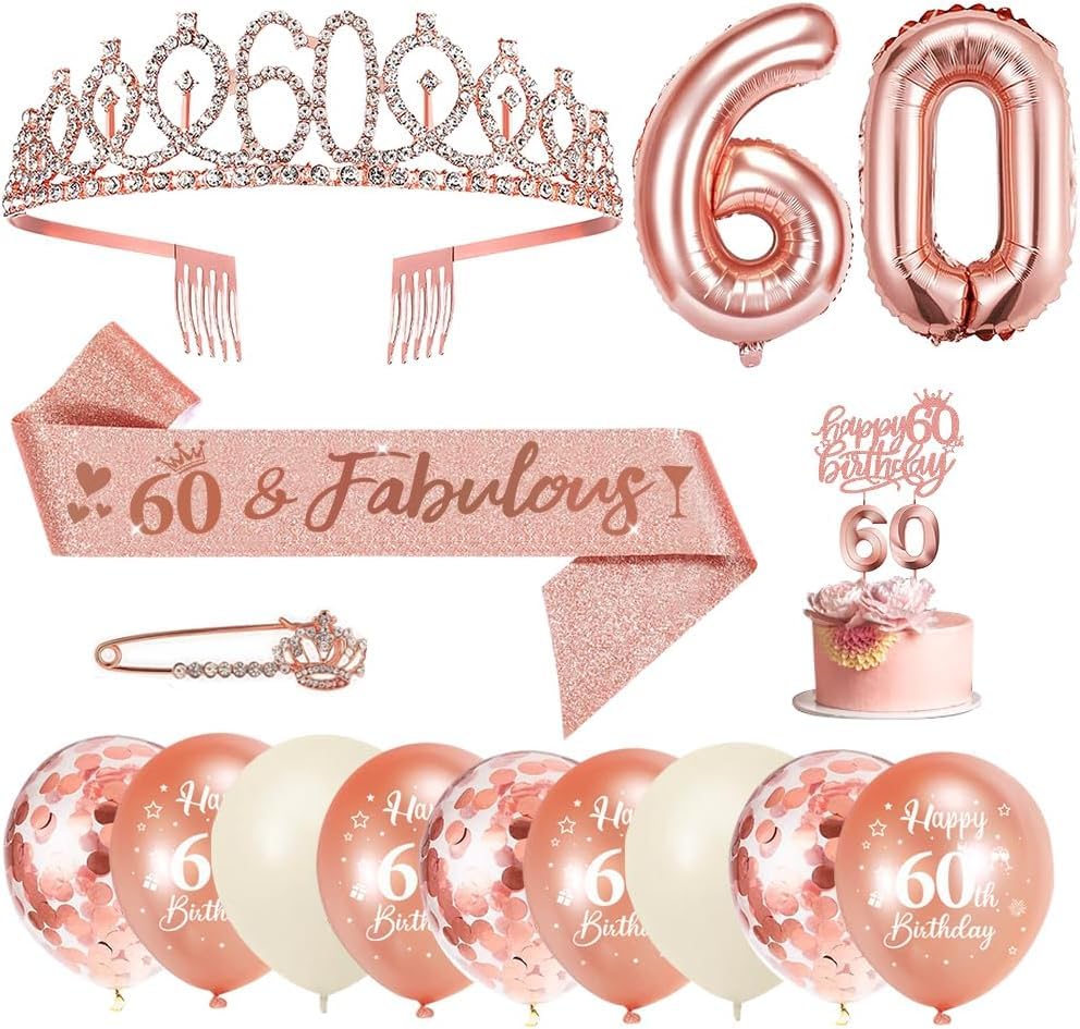 60 Anni Decorazioni Compleanno Donna, 60° Fusciacca e Diadema Oro Rosa Compleanno, Happy Birthday Cake Topper, Candele di Compleanno Numero e Palloncini, Regalo Donna 60 Anni