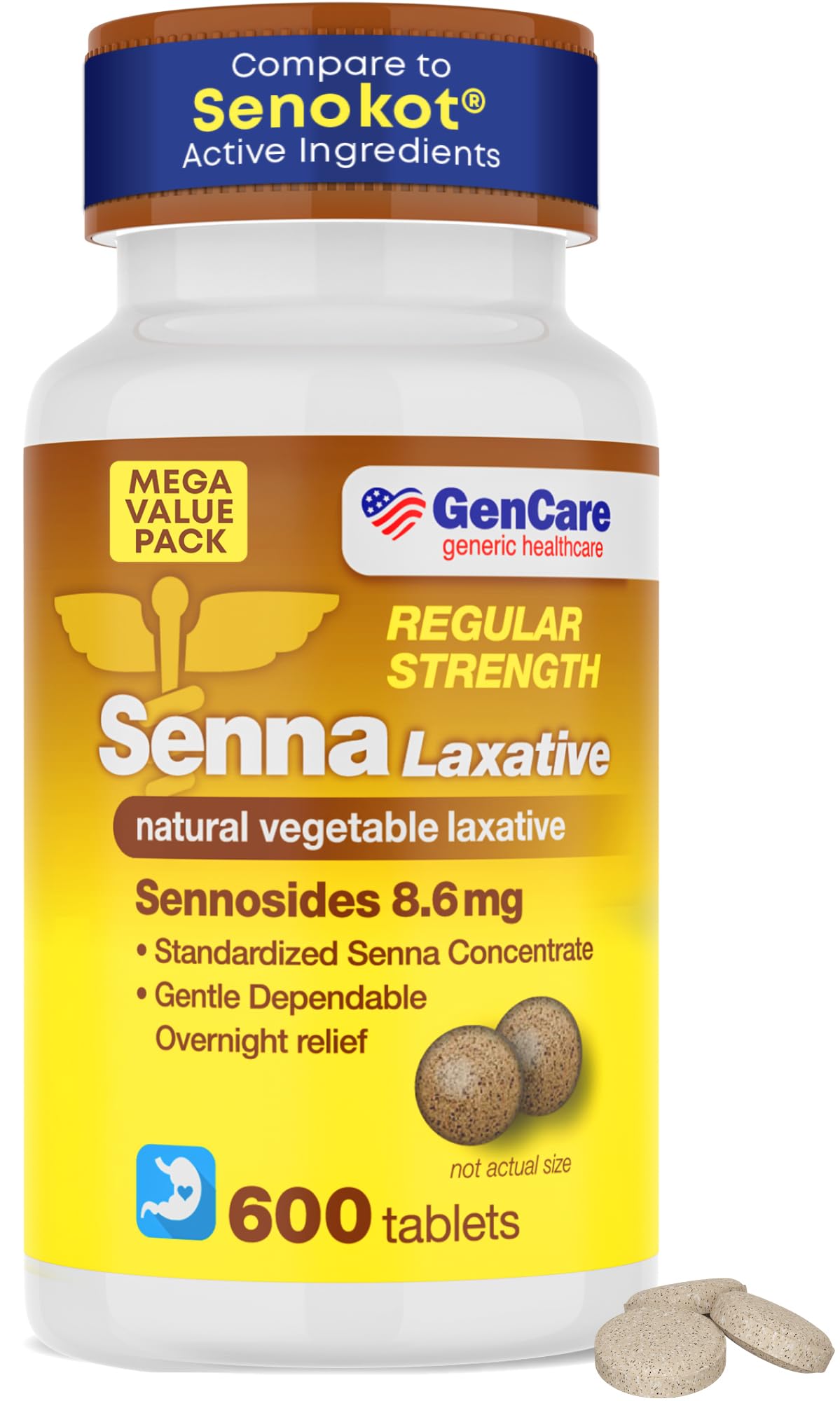 GenCare - Senna Laxatives (8.6mg Tablets) with Natural Sennosides (600 Tablets Per Bottle) | Value Pack Size for Bloating, Constipation, Gas & Irregularity Relief | Effective & Safe Overnight Formula