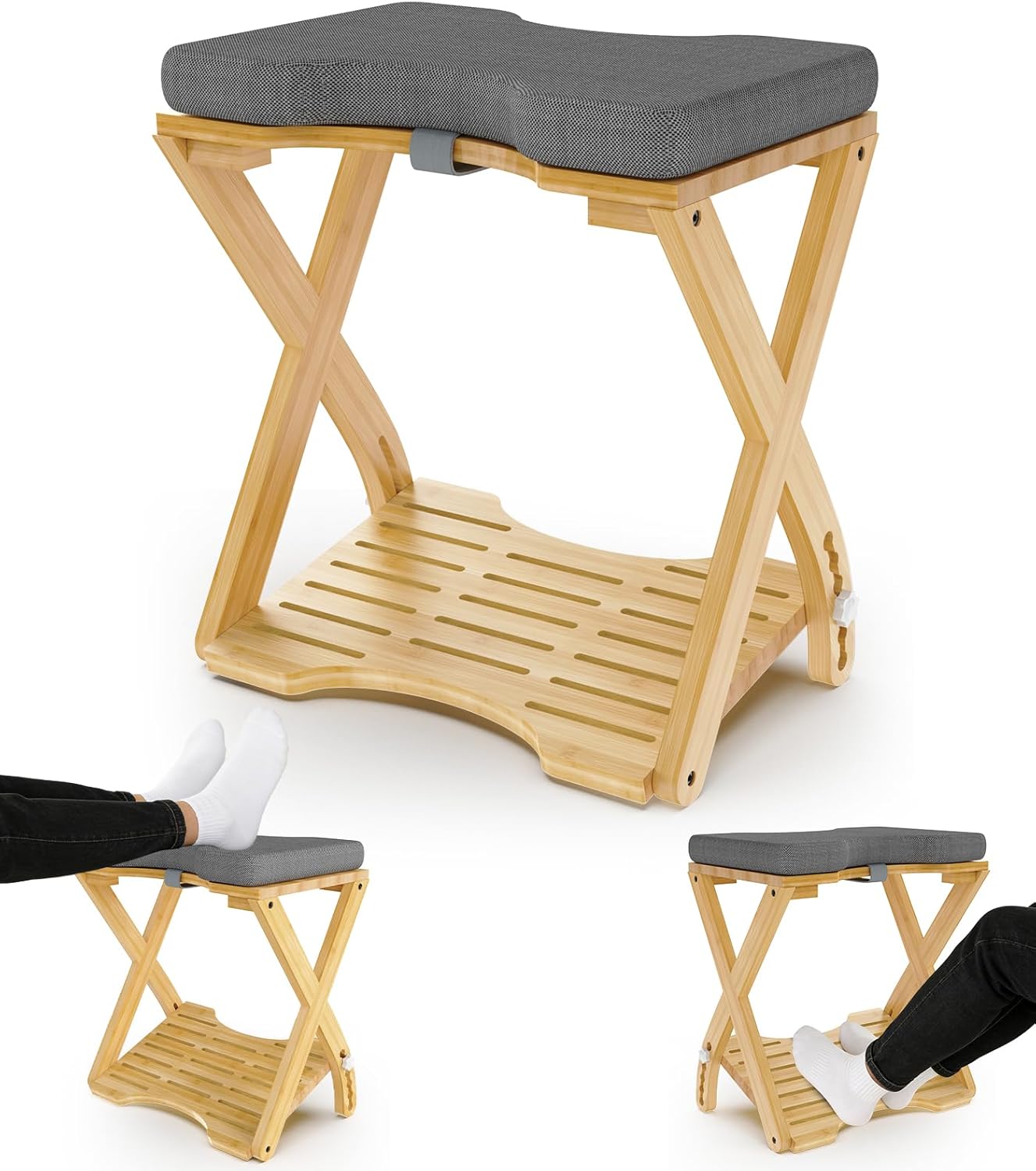 Double Step Foot Rest Under Desk at Work, Bamboo Foot Stool with 6 Adjustable Heights, Ergonomic Under Desk Footrest with Cushion for Home, Office & Gaming (Natural Color)