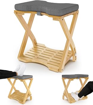 Double Step Foot Rest Under Desk at Work, Bamboo Foot Stool with 6 Adjustable Heights, Ergonomic Under Desk Footrest with Cushion for Home, Office & Gaming Natural Color