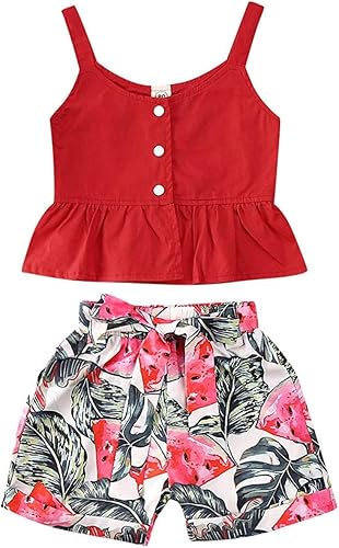 Conjunto de ropa corta de sandía para niña pequeña, top corto con volantes rojos + pantalones cortos con lazo