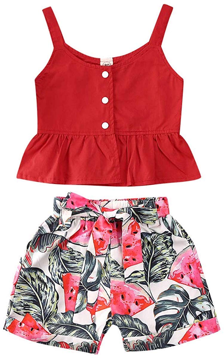 Kids Baby Girls Outfits Floral Ruffle Off Shoulder Crop Tops + Bowknot Denim Shorts Skirt Set Toddler Summer Clothes (Red Watermelon, 3-4 Years)