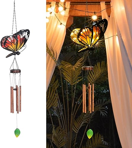 Campanillas de viento solares colgantes de mariposa para exteriores, decoración exterior para patio, porche, jardín (naranja)