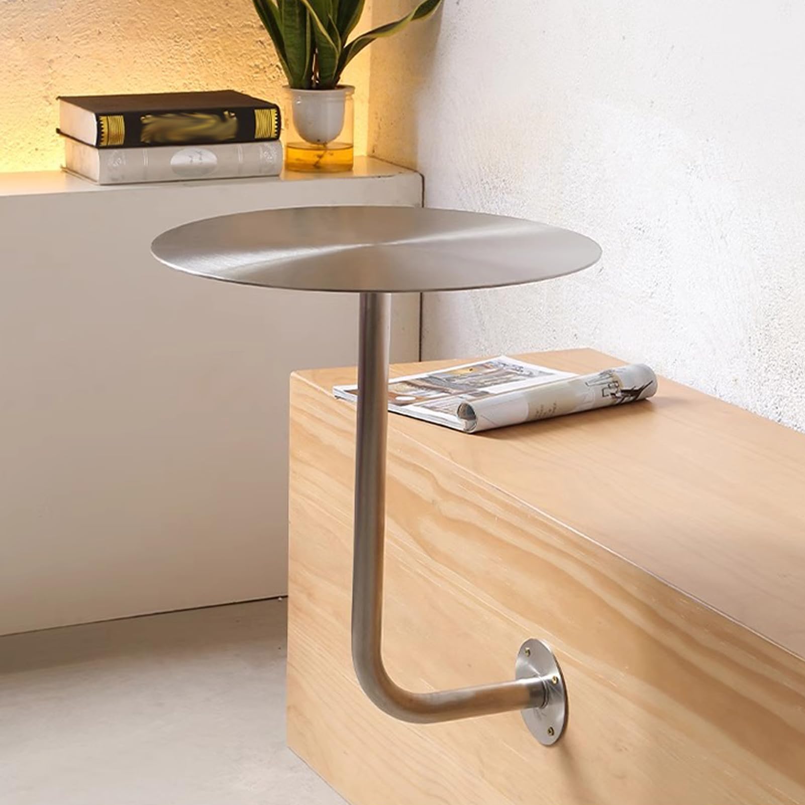 Mesa redonda de acero inoxidable resistente a arañazos con base en L estable