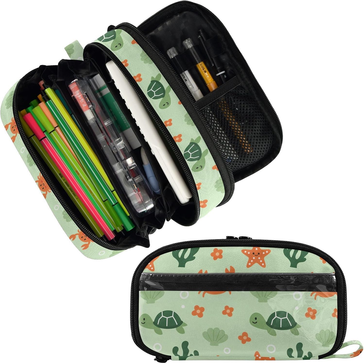 ALAZA Coral Turtles Crabs Pattern Large Capacity Pencil Case, Aesthetic Stationery Organizer Bag with Clear PVC Window, High Capacity Pen Pouch with Dividers for School Office Travel image 2