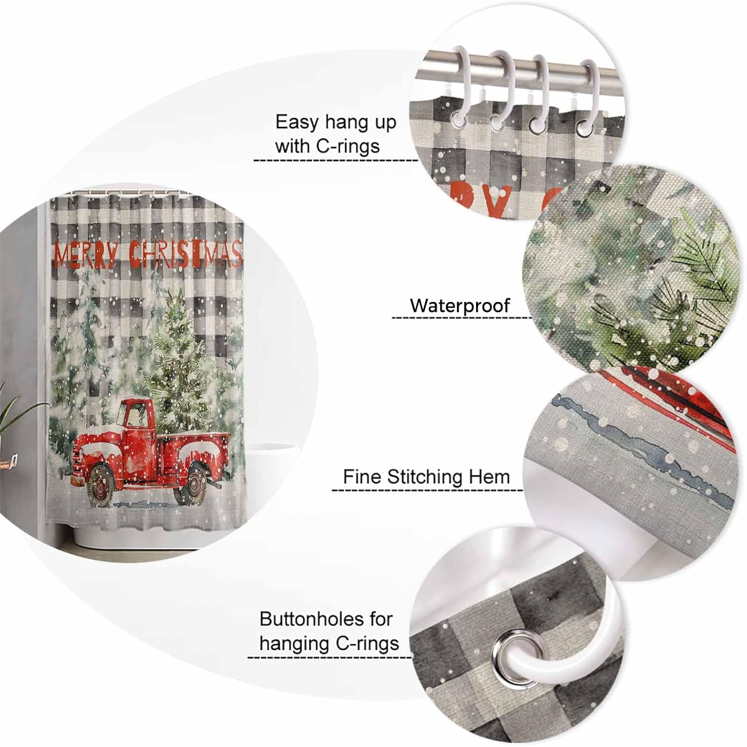 Christmas Shower Curtain Set with Hook 72" x 96",Snowy Pine Tree Red Truck Black Grey Plaid Washable Cloth Polyester Fabric Shower+Curtain,Waterproof Bath Curtains for Bathroom,Showers,Bathtubs Decor