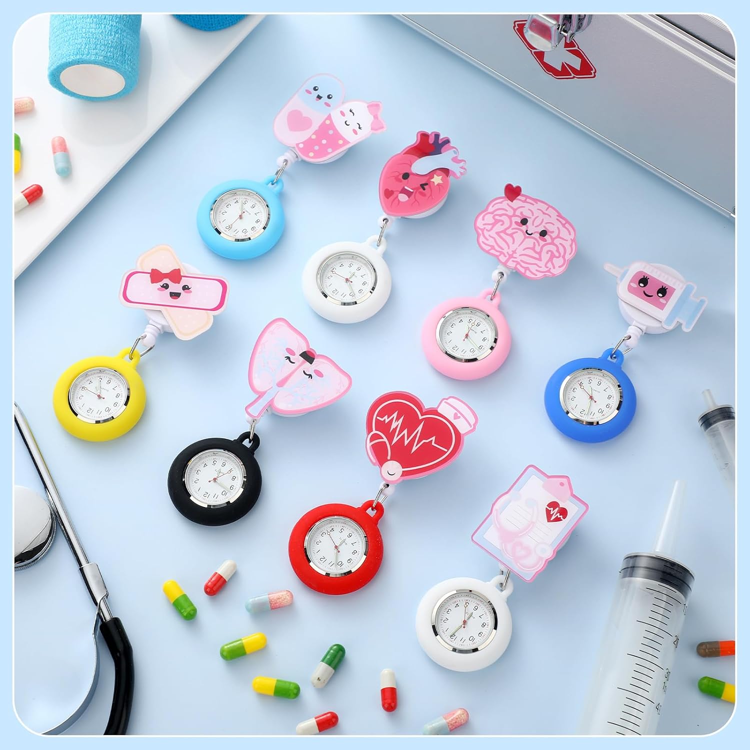 Fullhawl 8 Pcs Retractable Nurse Watch for Nurse Doctor Appreciation Gift Clip on Lapel Watch Brooch Decoration Badge Reel
