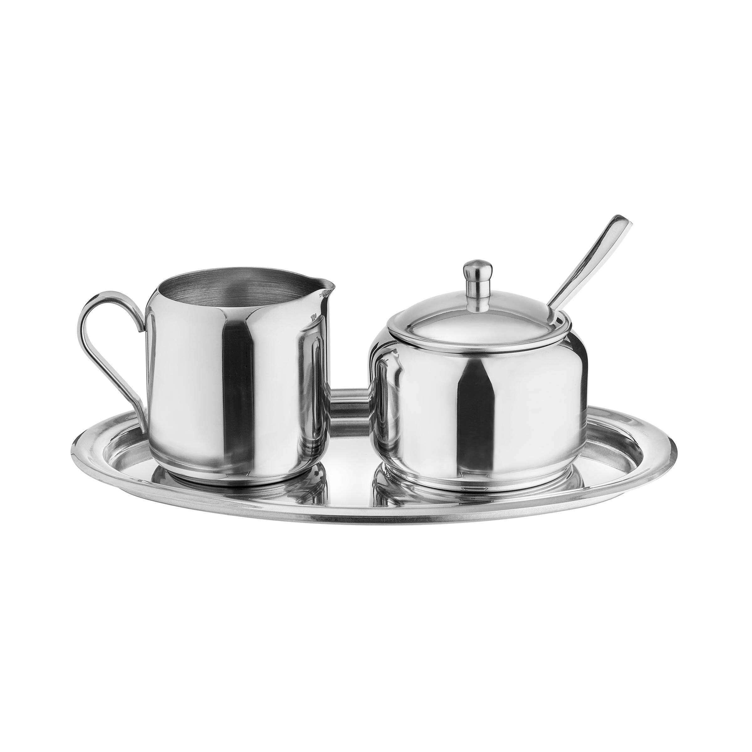 BUTLERS Milch- und Zucker-Set RITZ - Milchkännchen und Zuckerdose mit Löffel und Deckel auf Tablett - 5-tlg. Set aus Edelstahl, spülmaschinengeeignet