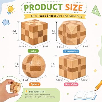 4 Pack Wooden Puzzle Brain Teasers Toy for Kids 3D Puzzles for Teens | Wooden Logic Puzzle Wood Snake Cube Magic Cube Magic Ball Brain Teaser Intellectual Removing Assembling Toy