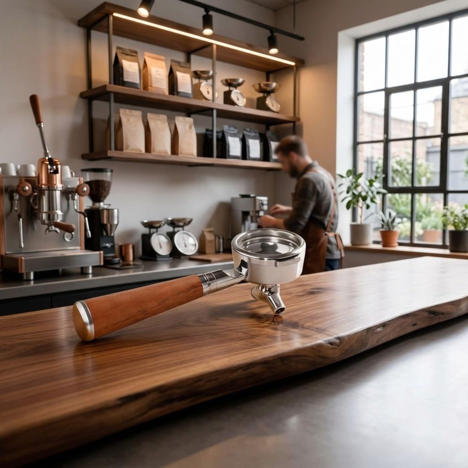 58 mm Kaffee-Siebträger für Breville 9 Serie mit Filterkorb, Espresso-Griff aus 304 Edelstahl, Holzgriff, leicht zu reinigen, abnehmbares Kaffeezubehör (A)