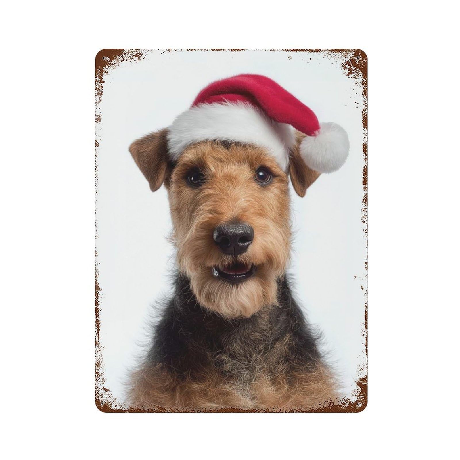 Welsh Terrier Dog with Santa Hat Portrait Rust Effect Tin Sign 15.7"x11.8", Novelty Wall Decor for Garage, Pub Or Kitchen
