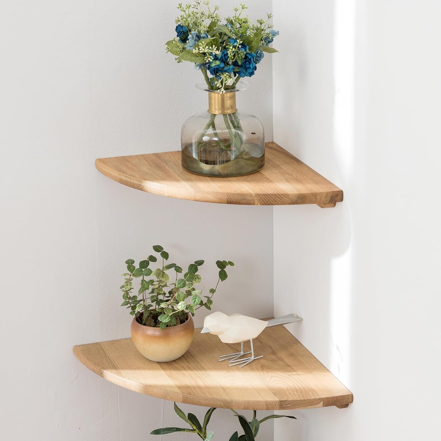 Gieanoo Corner Shelf, Solid Oak Wood Set of 2 Floating Corner Shelves Wall Mount Floating Speaker Shelf With Wire Hole Shelves for Bedroom Kitchen, Living Room 7.1inch — image 1