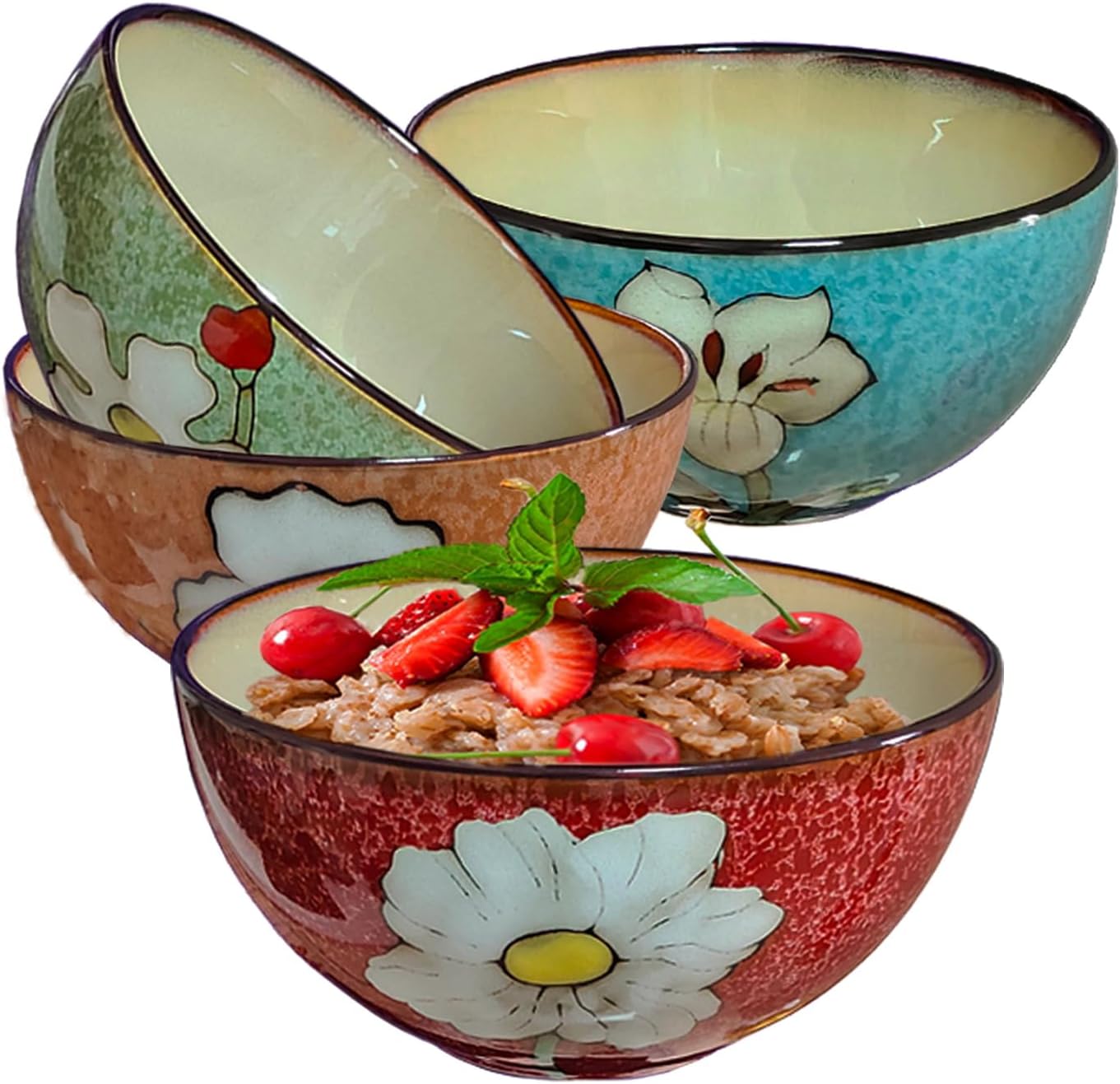 Ceramic Cereal Bowl Set of 4 for Kitchen - 28oz Ramen Bowls for Soup, Oatmeal, Salad, Pasta - Floral Patterns Retro Bowls for Breakfast, Dinner - Dishwasher, Oven and Microwave Safe