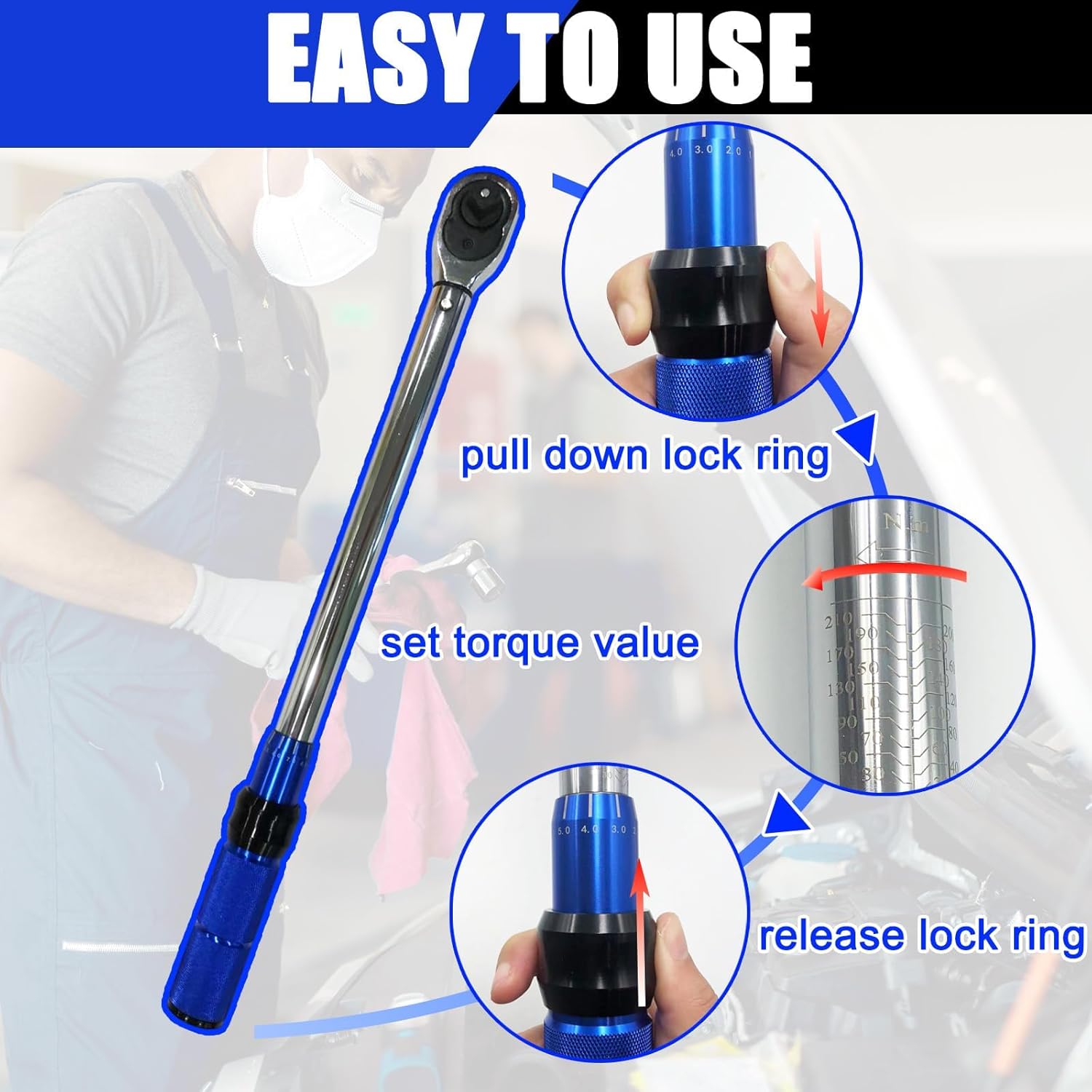 1/2-Inch Drive Click Torque Wrench, 20-210 N.m, 72-Tooth Dual-Direction Adjustable Torque Wrench with ±3% High Precision for Bicycle, Motorcycle, Car and Truck Maintenance