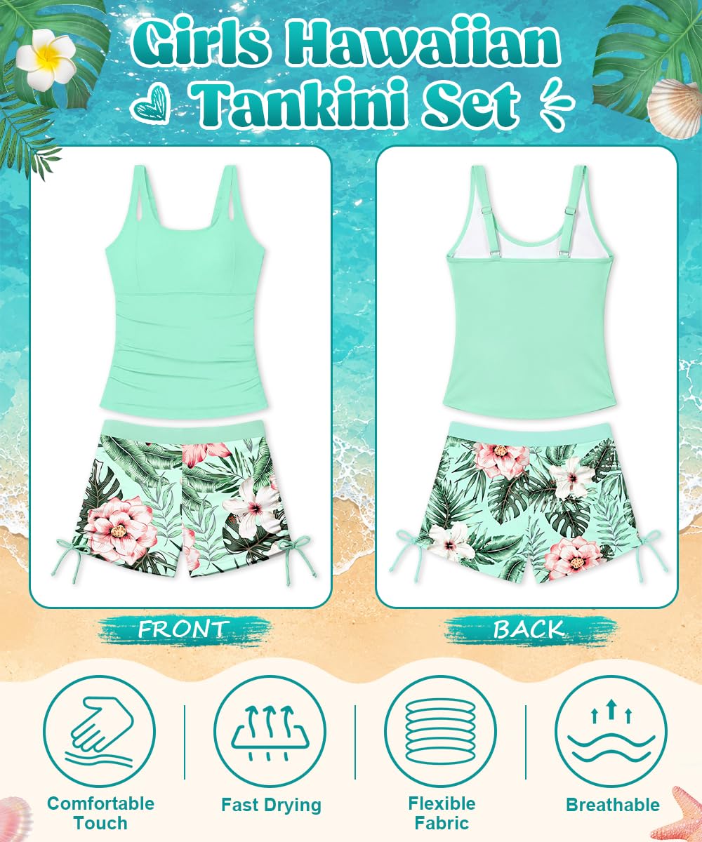 Costume da Bagno Bambina, 2 Pezzi Tankini Bambina con Top Tinta Unita e Pantaloncini Stampati con Coulisse Regolabile Due Pezzi Bambina 11-16 Anni