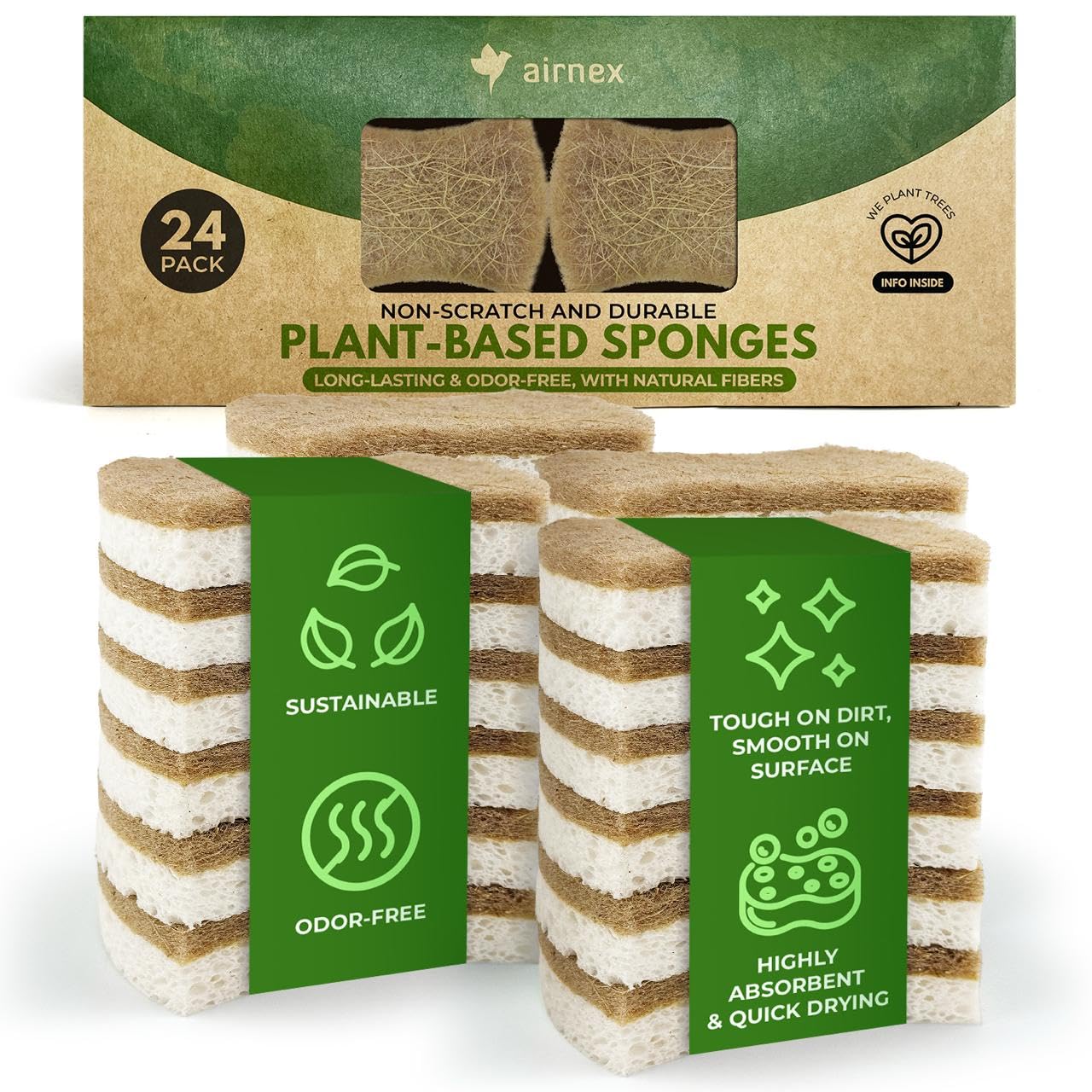 AIRNEX Biodegradable Natural Kitchen Sponges Pack of 24 - Cellulose and Coconut Kitchen Dishwashing Scrubbers - Eco Friendly Non-Scratch Heavy Duty Kitchen Sponges and Scrubbers for Dishes