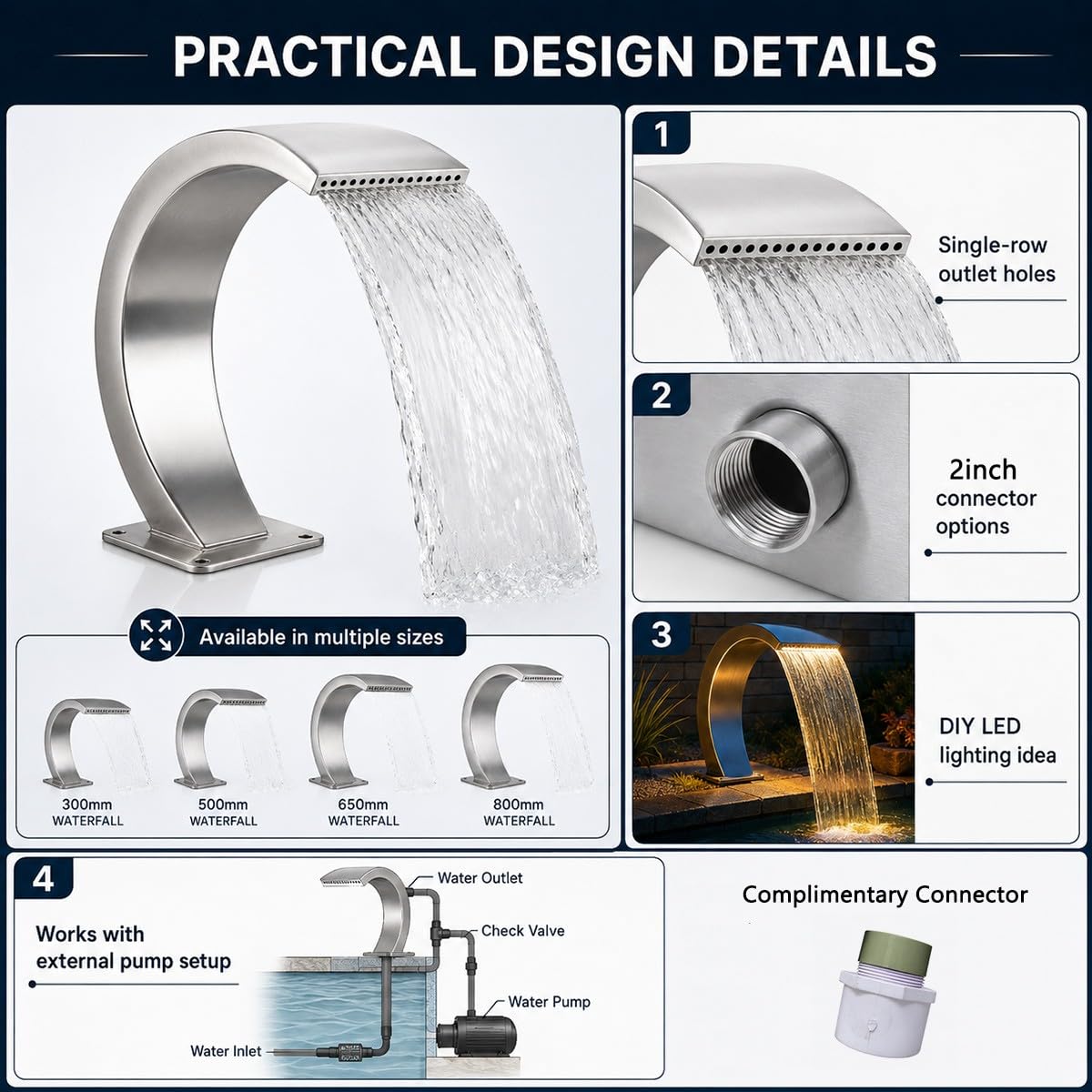 Lame d’Eau Cascade Piscine – Fontaine Cascade Acier Inoxydable 304 – Nappe d’Eau Monofil – Choix 1.5″– Compatible LED DIY, Pompe Externe Non Incluse, Connecteur Gratuit