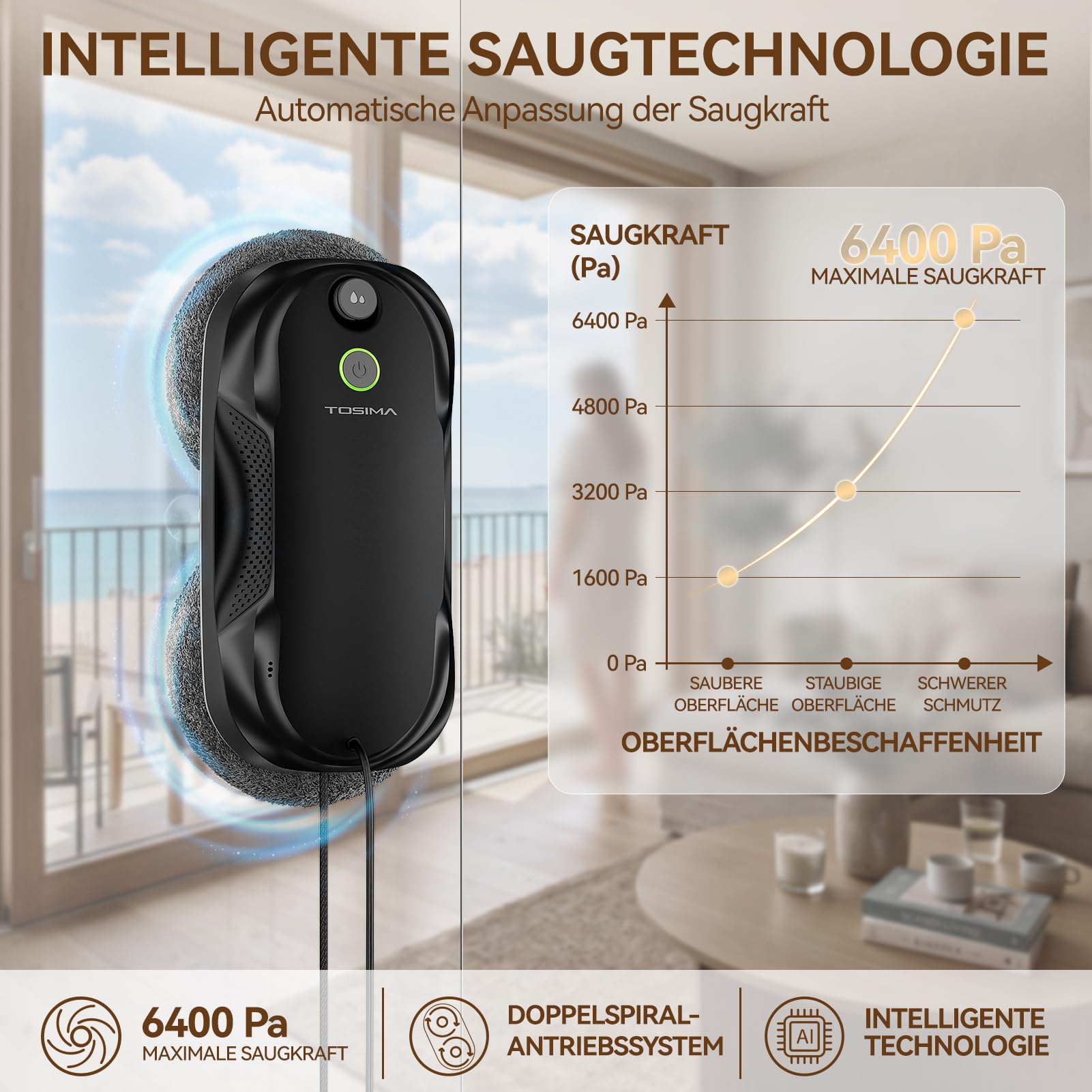 Tosima W5 Fensterputzroboter mit bidirektionalem Ultraschall-Nebelsprühfunktion, 6400Pa adaptiver Saugkraft und intelligenter Kantenerkennung für Fensterreinigung, 2026 verbesserte Version, Schwarz