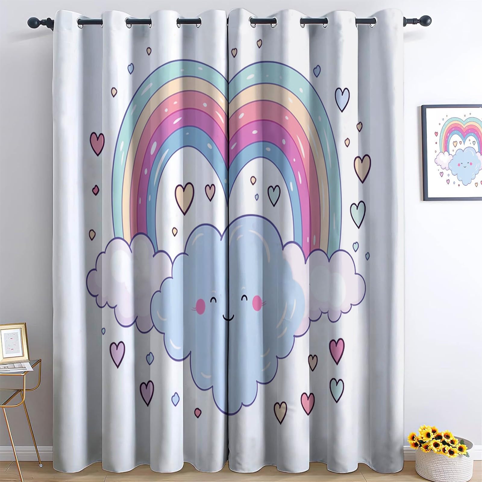 Design Keah Coeurs Nuages, Rideaux à Oeillets 70L X 240H cm (2 Panneaux), Isolant Thermique Opaque pour Porte-Fenêtre, Blanc