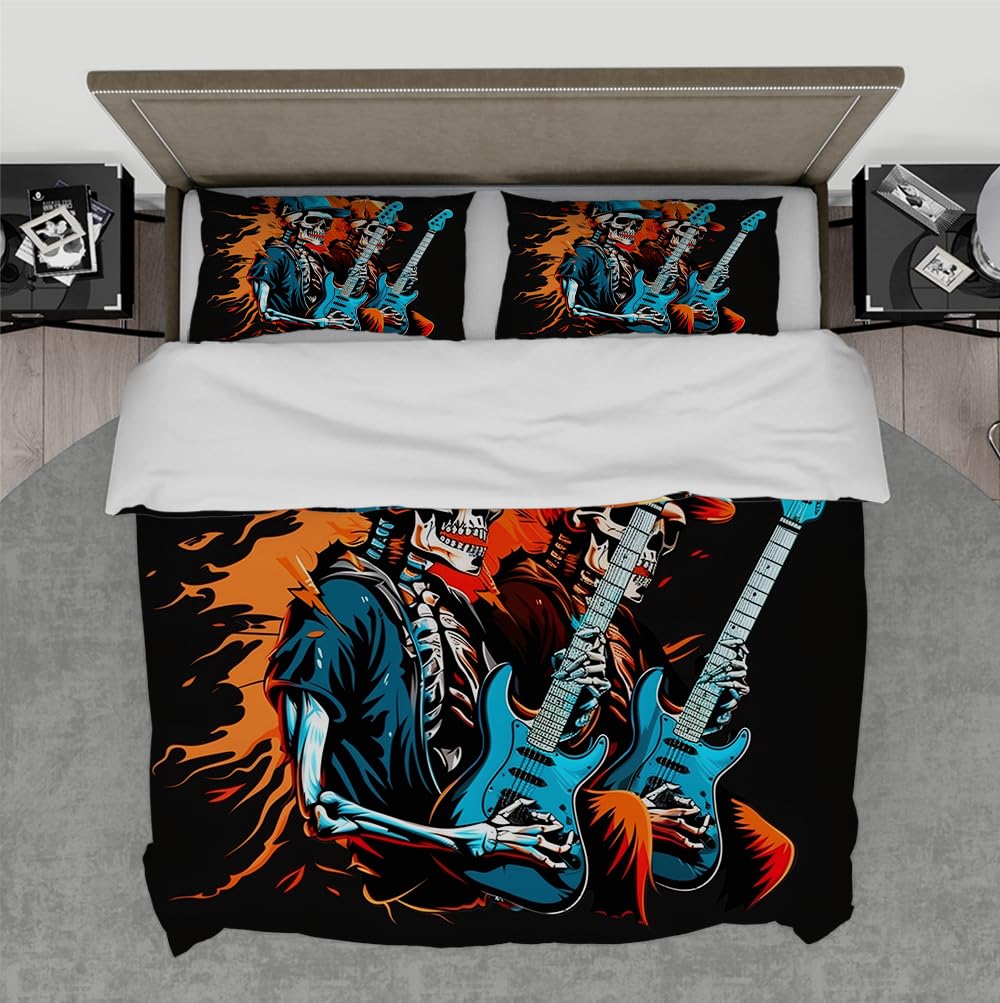 Housse de couette 200x220 guitare crâne musique pour lit double ado