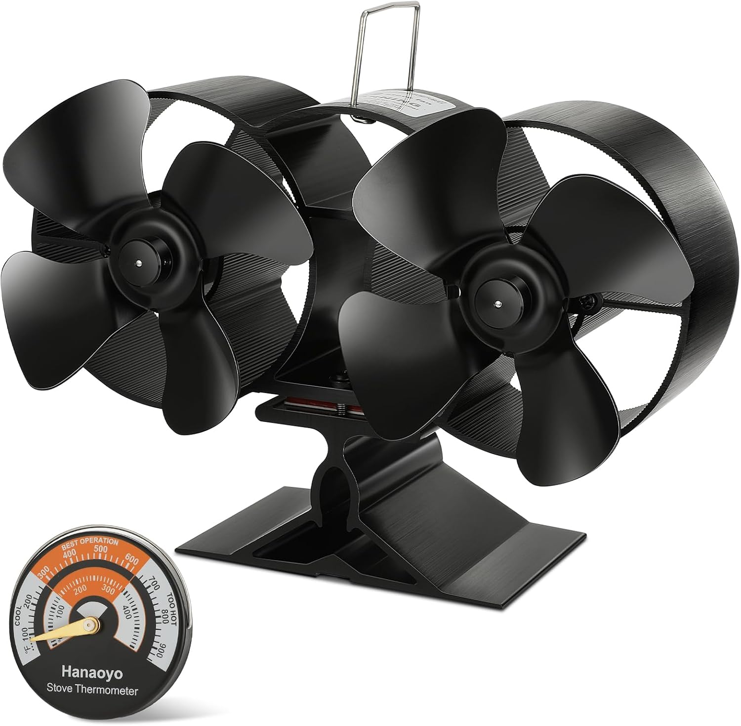 Hanaoyo Wood Stove Fan with Double Motors, Stove Fan Heat Powered, Fireplace Fan with Magnetic Thermometer, Wood Stove Accessories Non Electric Fan for Wood/Gas/Log Burner Stove