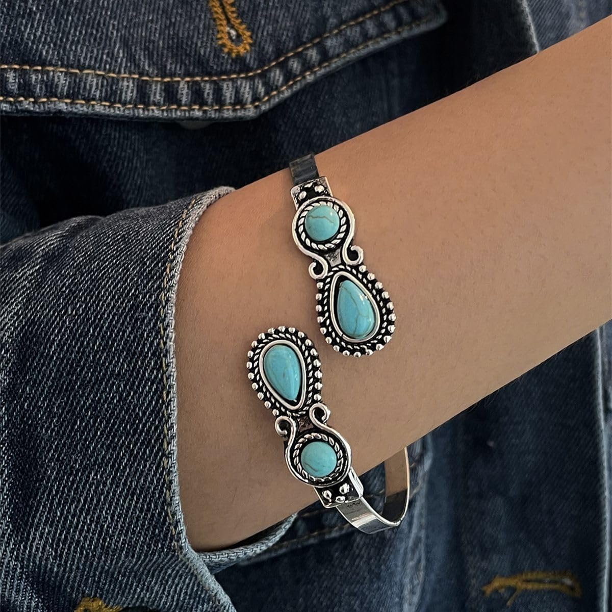 Turquoise Bangle Bracelet for Women 925 Sterling Silver Genuine Turquoise Open Cuff Bracelet Adjustable Hand Stackable Vintage Natural Stone Jewelry Gifts for Her