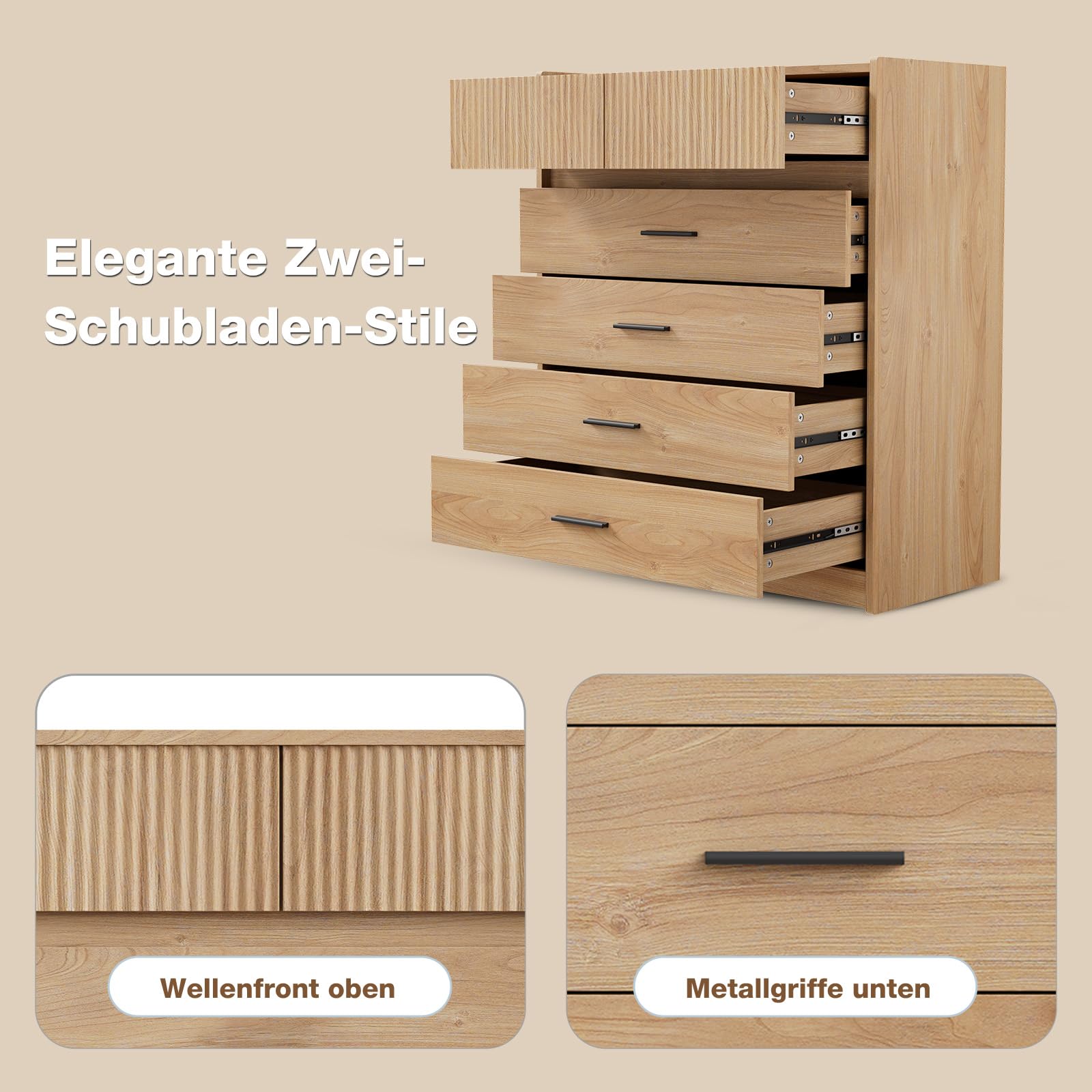 DG1 Cómoda con 6 Cajones, Blanco y Roble, 74x40x90 cm, Tablero de Partículas con Certificación FSC, Diseño Moderno Compacto (Madera Natural)