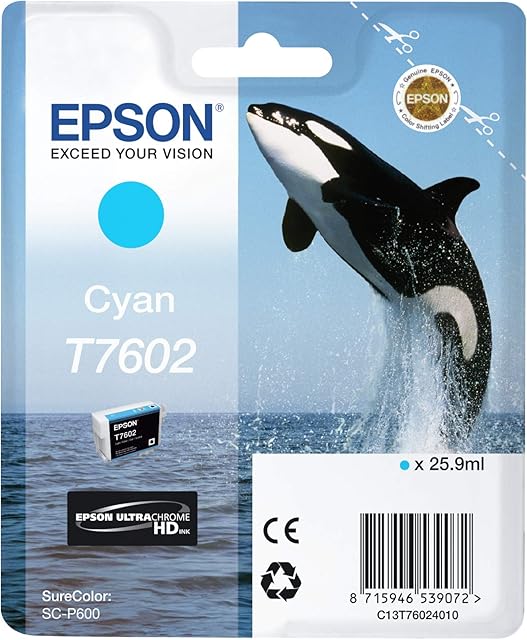 Epson Killer Whale T7602 Ink Cartridge, Cyan, Genuine,25.9 ml