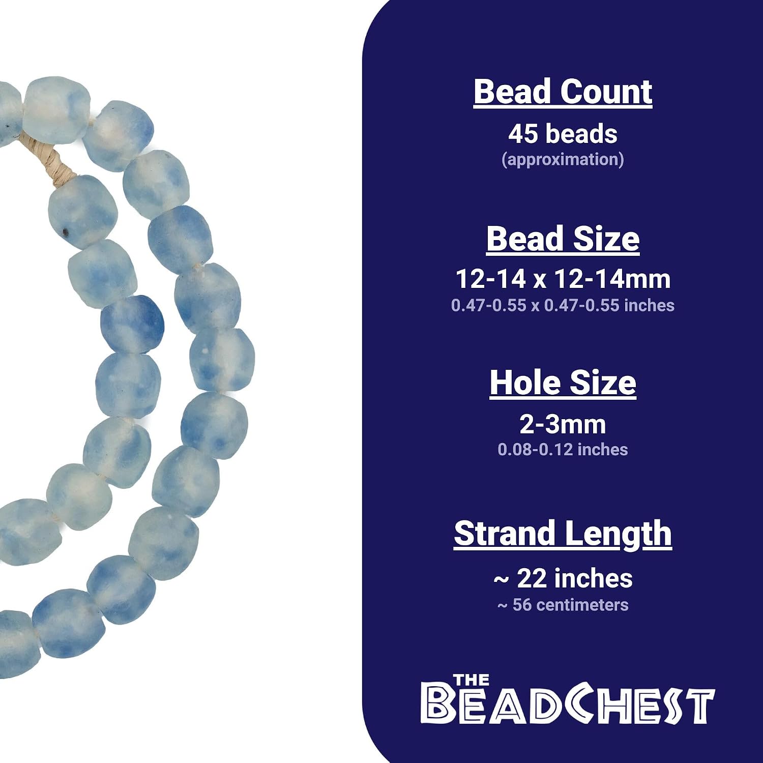 The Bead Chest African Recycled Glass Beads – Handmade in Ghana – Blue Swirl 14mm Strand for Jewelry Making, Crafts, and Home Decor I Approximately 45 Beads