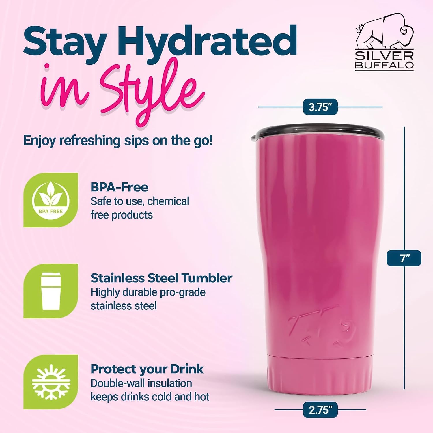 Silver Buffalo Double Walled Vacuum Insulated Stainless Steel Tumbler With Easy Sip Lid Keeps Hot and Cold, Travel Coffee Mug Clear Lid, 20 Ounces, Matte Pink