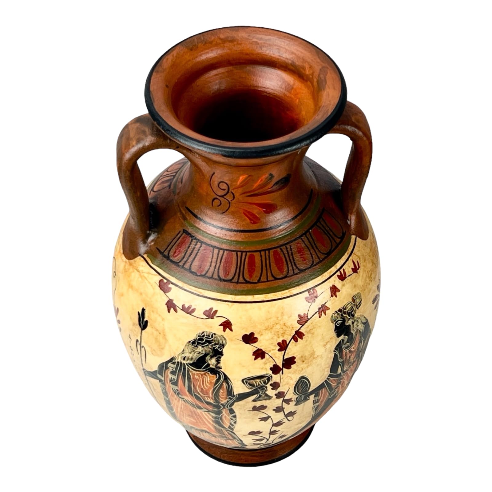 Antike, griechische Vase, Amphore, Göttin Athene, Aphrodite und Gott Dionysos, handgefertigt, Keramik, rund, Rot und Orange, 26 cm
