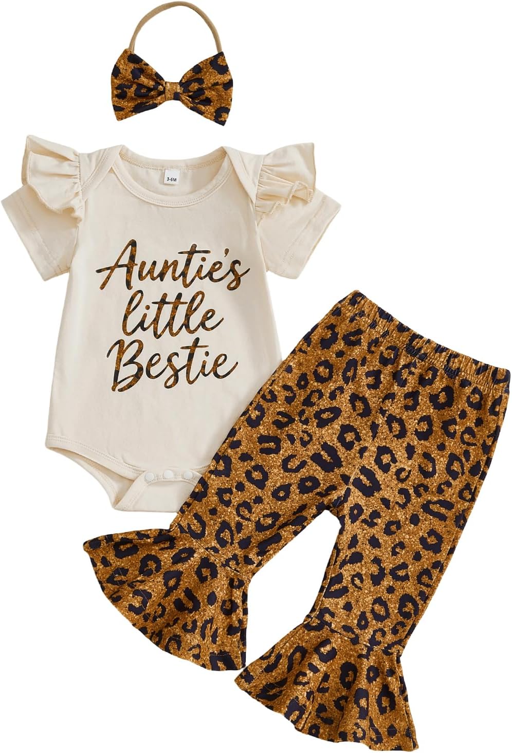 Aunties Little Bestie Baby Girl Clothes Newborn Bell Bottom Outfit 3Pcs Romper Pants Set Summer Leopard Outfit