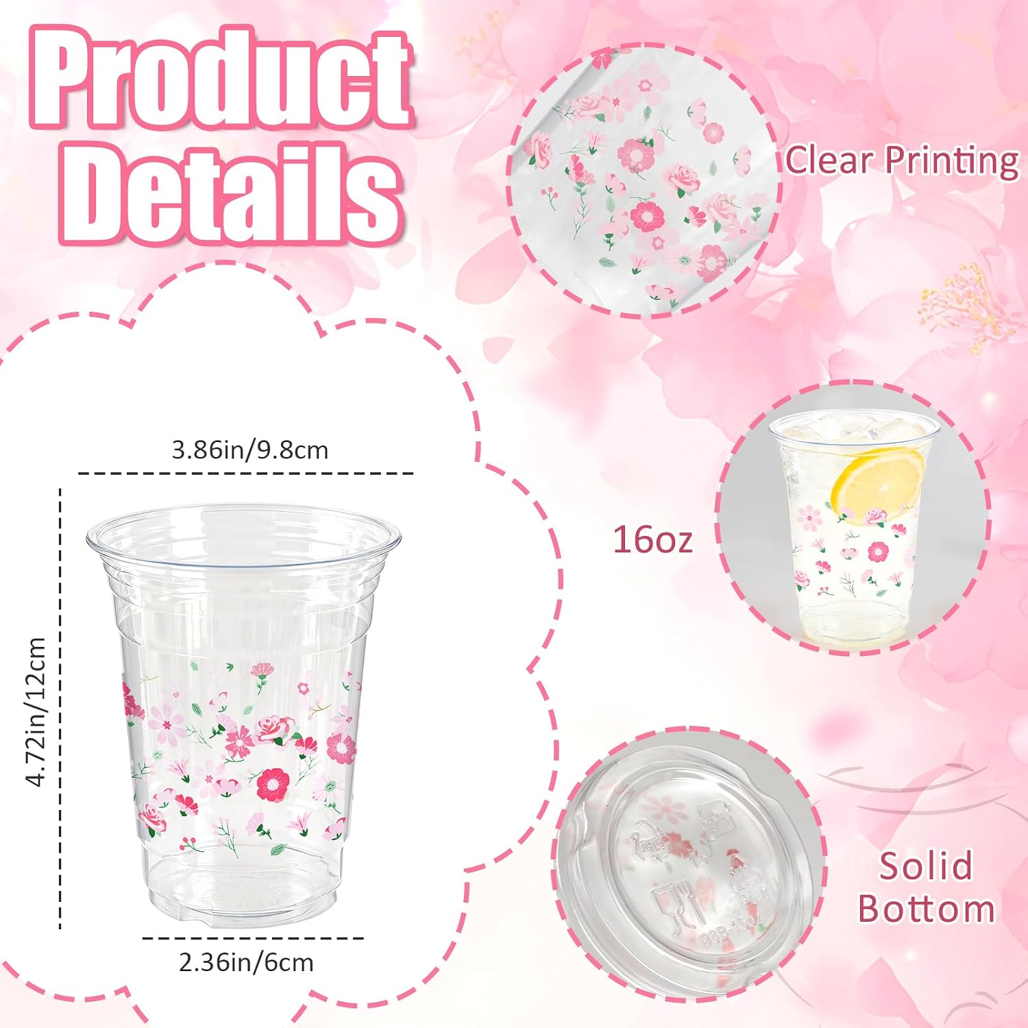 50 Pieces Floral Plastic Cups, 16 Oz Floral Clear Disposable Cups Bulk Flower Plastic Drinking Cup for Spring Summer Party Favor Flower Birthday Wedding Party Supplies