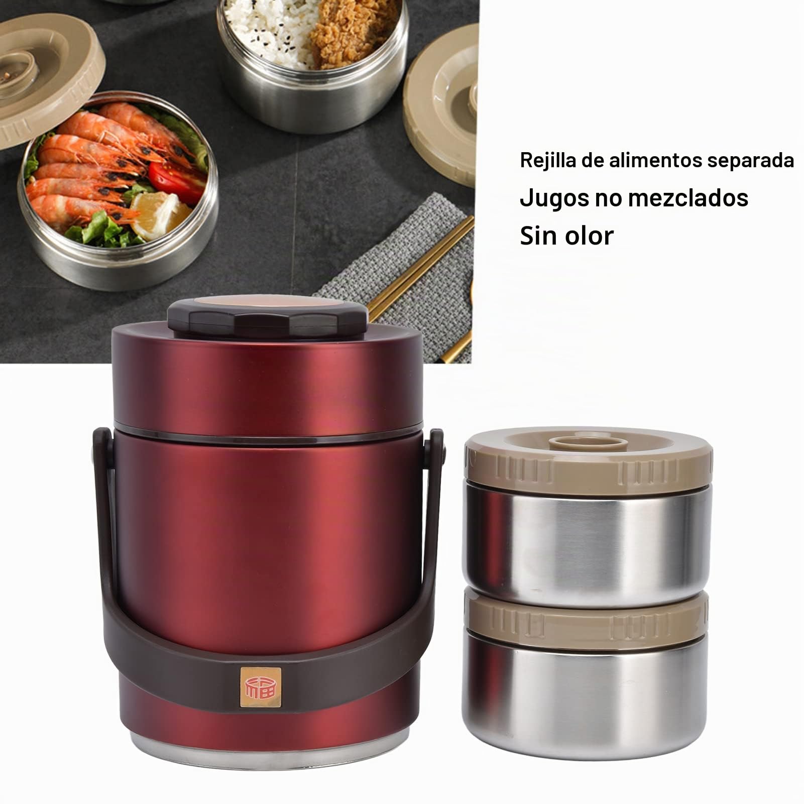 Tarro de Comida Aislado, Fiambrera Portátil de Acero Inoxidable con Tecnología de Doble Pared, 1.5 L, 3 Niveles, con Bolsa de Almuerzo, para Adultos y Estudiantes