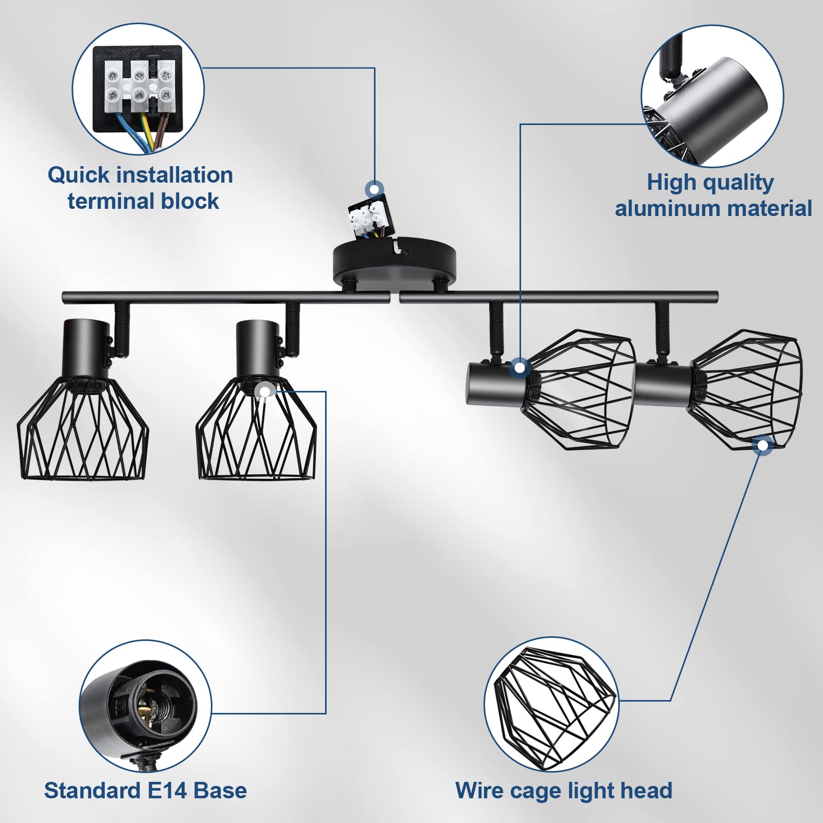 KYOTECH Faretti da soffitto orientabili a 4 luci lampada da soffitto Plafoniera LED Attacco E14,Per 4 lampadine E14 non incluse,Faretti Orientabili Parete Nero per Soggiorno e camera da letto