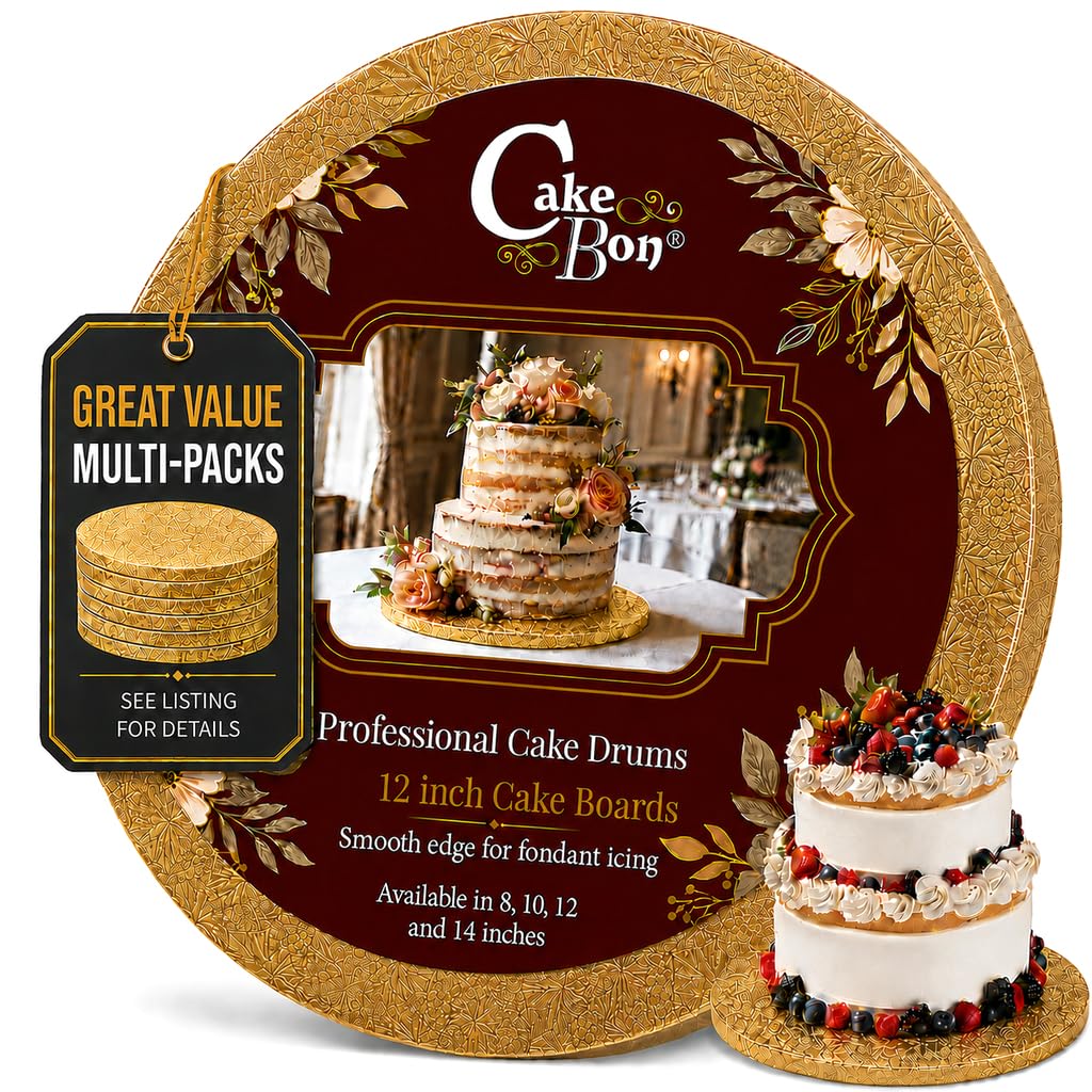 Cakebon Cake Boards 12" Gold Round Cake Drums 1/2" Thick Smooth Edge 6Pack